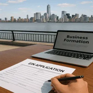 Business owner filling out EIN application form in Hoboken, NJ