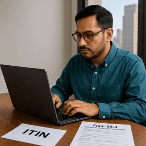Immigrant entrepreneur applying for EIN with ITIN on laptop